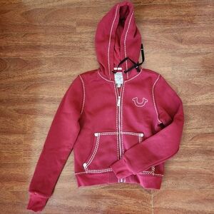 True Religion Big T Stitch Logo Zip Hoodie Red Dahlia Size S